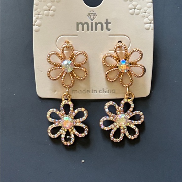 Mint Iridescent Gold Floral Earrings - Picture 1 of 3